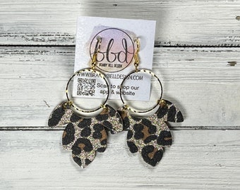 Leopard ivy earring, glitter leopard cork earring, leopard earring, leaf shape earring, lightweight genuine leather, hypoallergenic jewelry