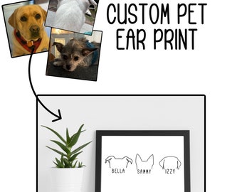 THREE Pets, Custom Dog Ear Print, Custom Pet Print,Personalized Dog Ear Outlines,Pet Loss Memorial Gift,Dog Mom Gift,Custom Dog Ears Outline