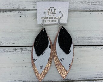 Rose gold leather earring, black glitter layered, black and white heart layered, lightweight genuine leather, hypoallergenic jewelry