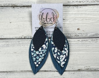 Navy floral leather earring, matte blue texture layered, blue floral leather earring, lightweight genuine leather, hypoallergenic jewelry