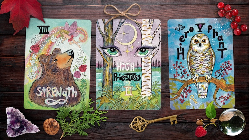 Wild Waters Edge Tarot Oracle of the Mystic Muse. Northwoods brown bear and fairy, mystical eyes of the forest High Priestess, a wise owl as the Hierophant, Tarot spread.
