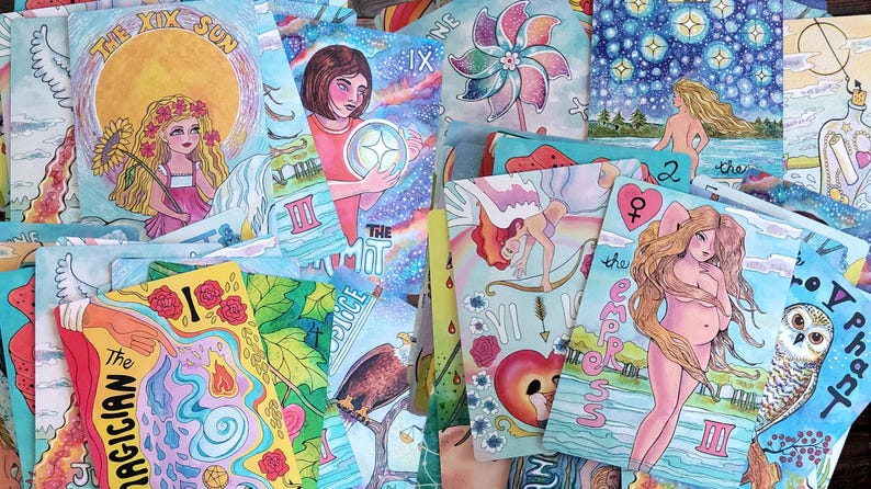 Colorful watercolor tarot oracle card spread. Groovy nature and starry skies.