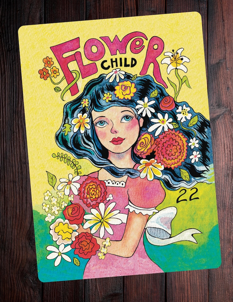 Groovy 70s Flower Child Flower Power watercolor oracle card