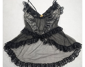 Vintage Jill Andrea New York Sheer Black Lace Babydoll Top Leopard Whimsygoth M