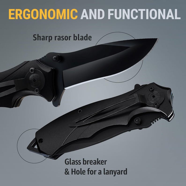 May include: Two black folding knives are displayed against a gray background. One knife is open, showcasing a sharp razor blade. The other knife is closed, with a glass breaker and a hole for a lanyard. The text "ERGONOMIC AND FUNCTIONAL" is at the top.