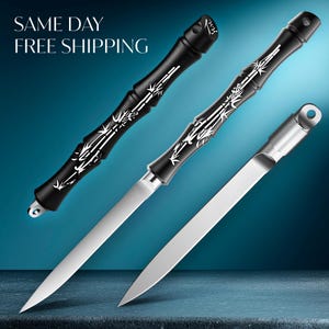 May include: Three knives with bamboo-style handles and silver blades are displayed against a blue background. The handles are black and silver, with white bamboo leaf designs. The text "SAME DAY FREE SHIPPING" is at the top.