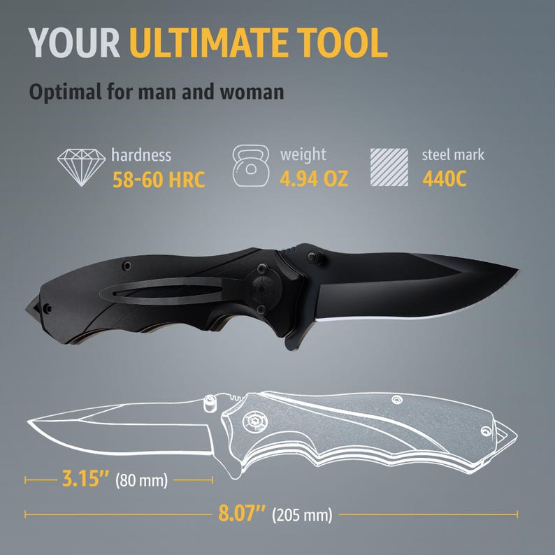 Spring Assisted Knife - Black Folding Sharp Blade, Pocket Knife Camping Hunting, Unique Knives Gift for Father, Stepdad - Mens Knife image 2