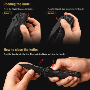Spring Assisted Knife - Black Folding Sharp Blade, Pocket Knife Camping Hunting, Unique Knives Gift for Father, Stepdad - Mens Knife image 12