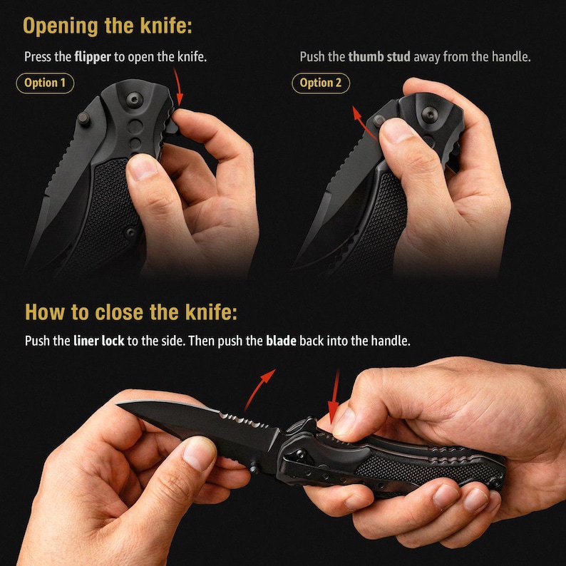 Spring Assisted Knife - Black Folding Sharp Blade, Pocket Knife Camping Hunting, Unique Knives Gift for Father, Stepdad - Mens Knife image 12