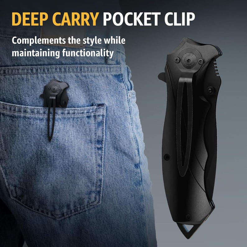 May include: A black pocket knife with a deep carry pocket clip is shown in the image. The knife is clipped to the pocket of a pair of blue jeans. The text "DEEP CARRY POCKET CLIP" and "Complements the style while maintaining functionality" is visible.
