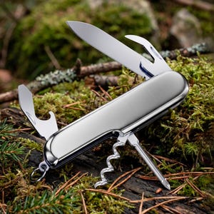 May include: A silver-colored multi-tool pocket knife with a brushed metal handle. The tool features an extended main blade, a bottle opener, a corkscrew, a small screwdriver, and a metal attachment ring, all crafted from polished stainless steel.