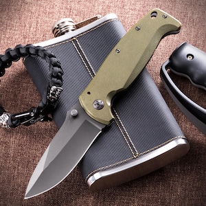Green Folding Knife - Pocket Knife Camping, Hunting - Unique Knives, Gift for Father, Husband, Boyfriend - Mens Knife - Anniversary Gift