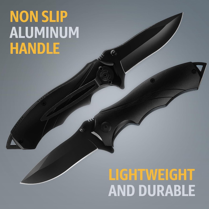 May include: Two black folding knives with a non-slip aluminum handle. The blades are sharp and the knives are lightweight and durable. Text on the image reads "Non Slip Aluminum Handle" and "Lightweight and Durable."