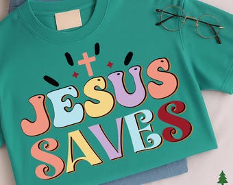 Jesús salva SVG / Diseño cristiano retro, camiseta de fe (archivos digitales)
