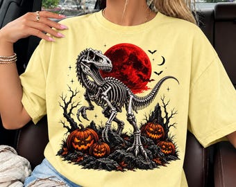 Halloween Dinosaur PNG, T Rex Skeleton, Red Moon Pumpkin Shirt, Spooky Sublimation Design