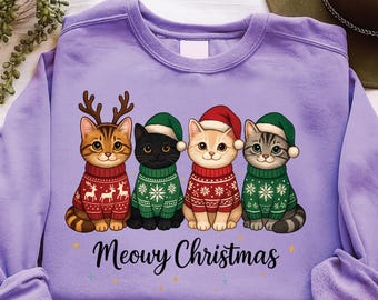 Weihnachtskatze (PNG), süße Weihnachtskätzchen in Pullovern, Weihnachtskatze mit Weihnachtsmütze (Sublimation), T-Shirt-Design für Katzenliebhaber zu Weihnachten, gemütliche Katzen-Weihnachts-Cliparts zum Download