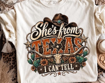 She's From Texas PNG, Western Cowgirl PNG, Longhorn Cactus Shirt, Texas Sublimation Design