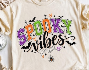 Spooky Vibes PNG, Halloween Varsity PNG, Colorful Bat Spider Shirt, Sublimation Digital Download