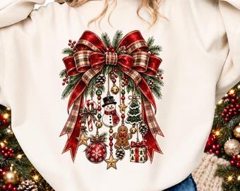 Christmas Bow PNG, Red Plaid Holiday Bow, Snowman Gingerbread Shirt, Sublimation Download Design