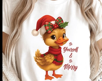 Pato "Sé tú mismo y sé feliz" (PNG) / Diseño de pato navideño adorable / PNG para sublimación navideña / Clip art de pato con gorro de Papá Noel