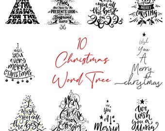 Paquete de 10 árboles de palabras navideñas en formato SVG / Tipografía navideña, paquete de diseños con citas festivas (descarga digital)