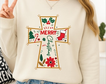 Cruz de Feliz Navidad SVG / Diseño navideño cristiano, sublimación de fe (PNG, PDF)