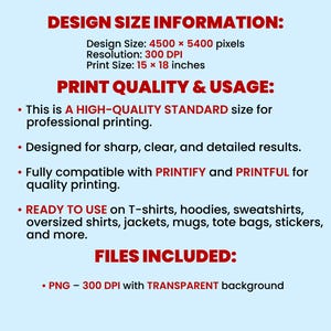 May include: A digital design specification sheet with red text on a light blue background. It lists a design size of 4500 by 5400 pixels, 300 DPI resolution, and a 15 by 18 inch print size. It notes compatibility with Printify and Printful.