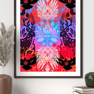 Forest Spirit Animal Art Print  Folk Magic   Mystical Deer, Birds & Nature Symbolism