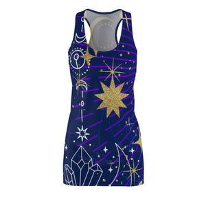 Celestial Dreams Women&#39;s Racerback Dress, Summer Dress, Boho Style Dress, Festival Outfit, Starry Night Fashion