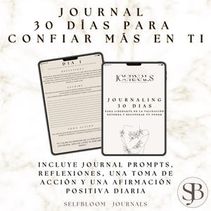 Puede incluir: Una portada de diario digital con una ilustración en blanco y negro de una persona con flores en la espalda. El texto en la portada dice "Journaling 30 Days" y "Para Liberarte de la Validación Externa y Recuperar tu Poder". El texto debajo de la imagen dice "Incluye Journal Prompts, Reflexiones, una Toma de Acción y una Afirmación Positiva Diaria" y "Selfbloom Journals".