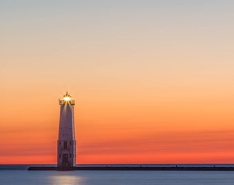 Frankfort Michigan Lighthouse At Sunset 2, Michigan Art, Michigan Photography, Great Lakes, Lake Michigan, Fine Art Color Photograph