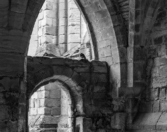 Fountains Abbey Door,  Church, Yorkshire England, Black and White Photograph, World Heritage Ruins