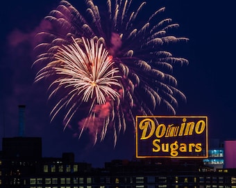 Baltimore Skyline, Ft McHenry Fireworks over Domino Sugar Sign,  Fine Art Photography, Baltimore Inner Harbor, Baltimore Art