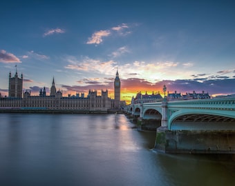 Impresión fotográfica del Big Ben al atardecer: arte del horizonte de Londres