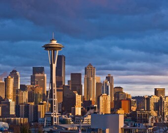 Arte del horizonte de Seattle: Impresión fotográfica panorámica del atardecer (16 x 32)
