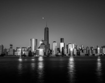 Manhattan Skyline Photograph: Moon Over New York City, Black and White Panorama