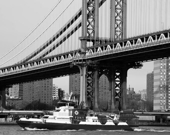 FDNY 343 Print: Manhattan Bridge, NYC Skyline, Black and White Photography