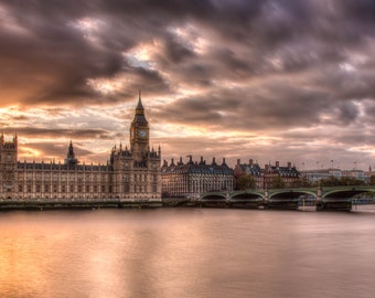 Impresión fotográfica del atardecer en Westminster: arte del horizonte de Londres