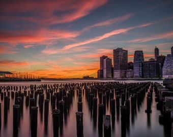 Manhattan Skyline Sunset Photograph: Brooklyn Piers Fine Art Print