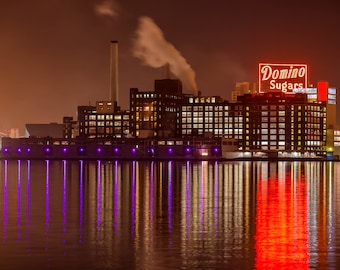 Baltimore Skyline, Domino Sugar Shows Baltimore Ravens  Pride,  Fine Art Color Photograph, Baltimore Art