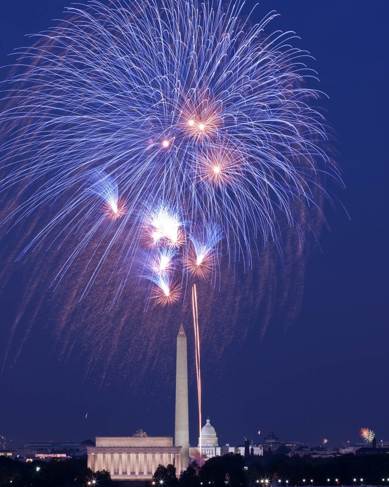 Washington DC Art, Fireworks and Monuments , Fine Art Photograph, Washington dc skyline, Washington dc print, Washington dc photography image 1