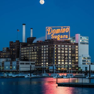 Baltimore Skyline, Domino Sugar Moonrise,  Fine Art Color Photograph, Baltimore Art