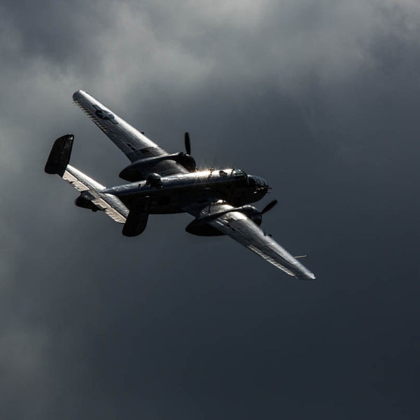 B25 Mitchell Flies into the Storm, Fine Art Photography, Black and White Photography