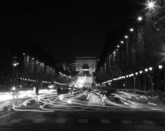 Paris Photography: Champs Elysees Night Frenzy, Black and White Fine Art