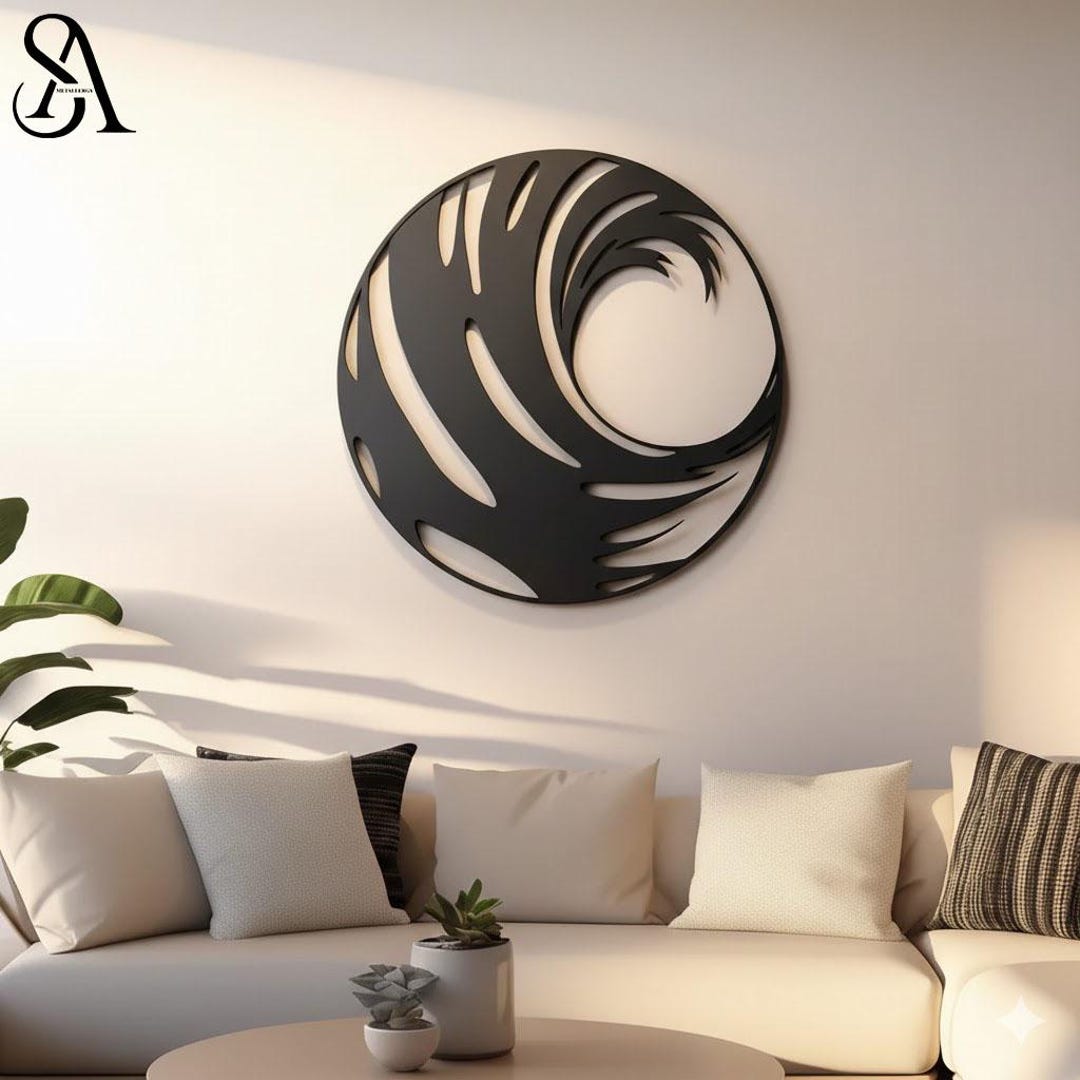 Modern Metal Wall Art – Minimalist Round Black Wave Design | Abstract ...