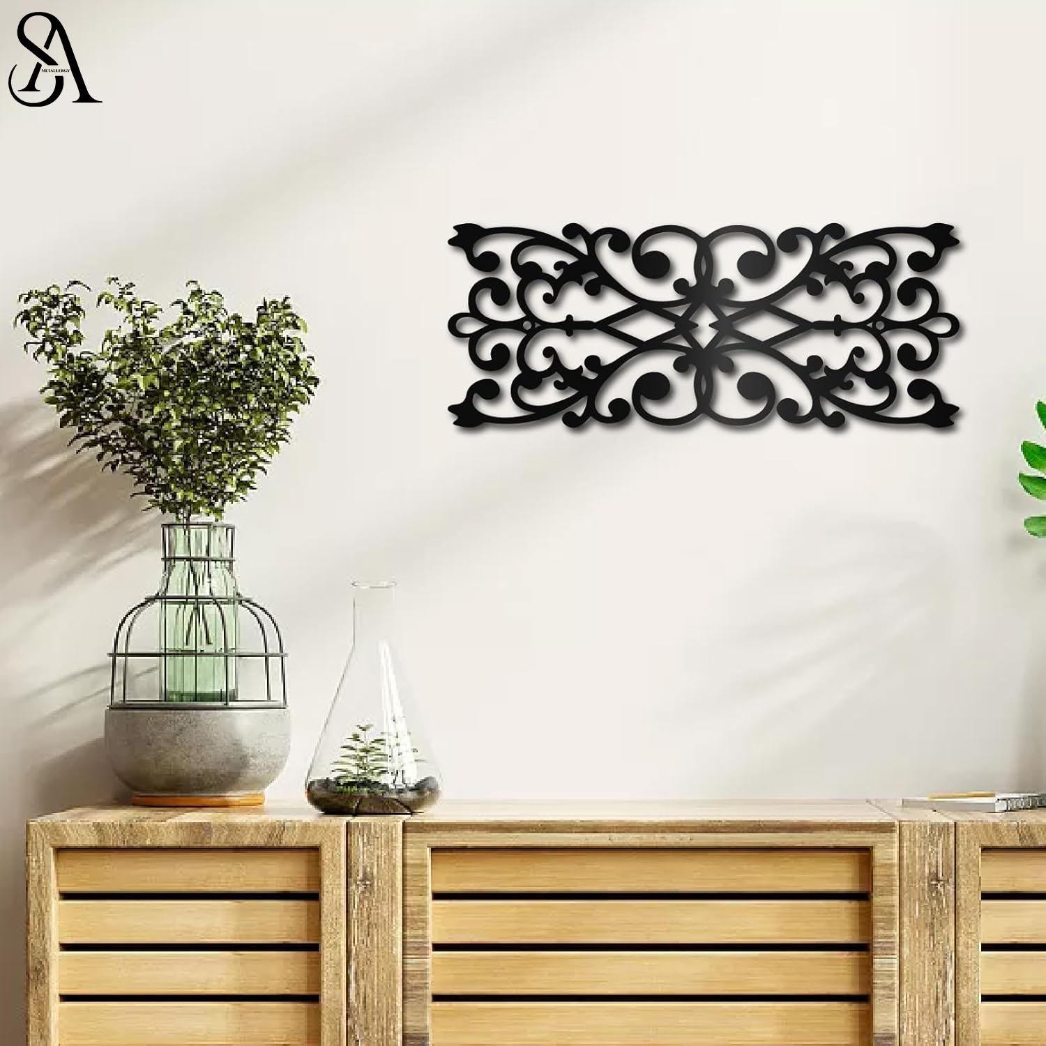 Metal Wall Art Panel – Black Scrollwork Wall Decor, Modern Farmhouse