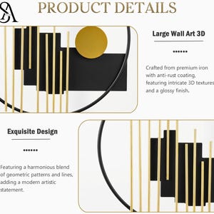 May include: A 3D wall art piece featuring a circular black metal frame with vertical gold rods and a solid gold circle. The design includes black geometric shapes layered behind the gold rods, creating a structured, linear composition.