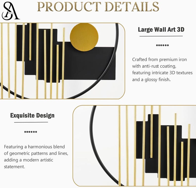May include: A 3D wall art piece featuring a circular black metal frame with vertical gold rods and a solid gold circle. The design includes black geometric shapes layered behind the gold rods, creating a structured, linear composition.