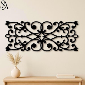Metal Wall Art Panel – Black Scrollwork Wall Decor, Modern Farmhouse Wall Hanging, Ornamental Wrought Iron Style Home Decor for bedroom