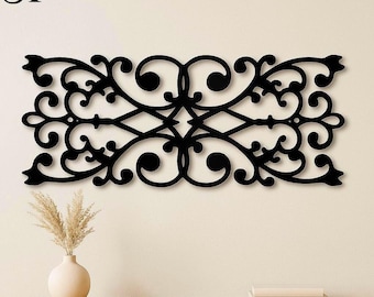 Panel decorativo de metal para pared – Decoración de pared con filigrana negra, estilo rústico moderno, decoración ornamental de hierro forjado para el dormitorio.